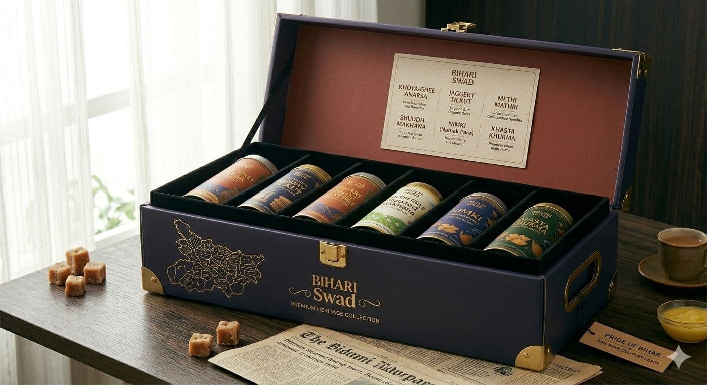 Bihari Swad Premium Heritage gift box, open, showing six collectible tins and a gold Bihar map