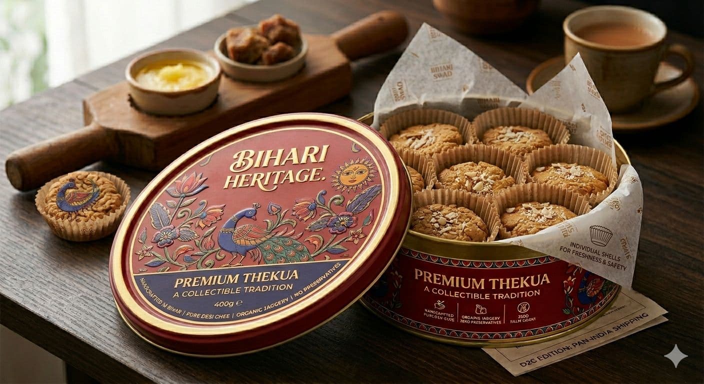Premium Thekua in a round Madhubani-illustrated tin, with thekua pieces in individual shells